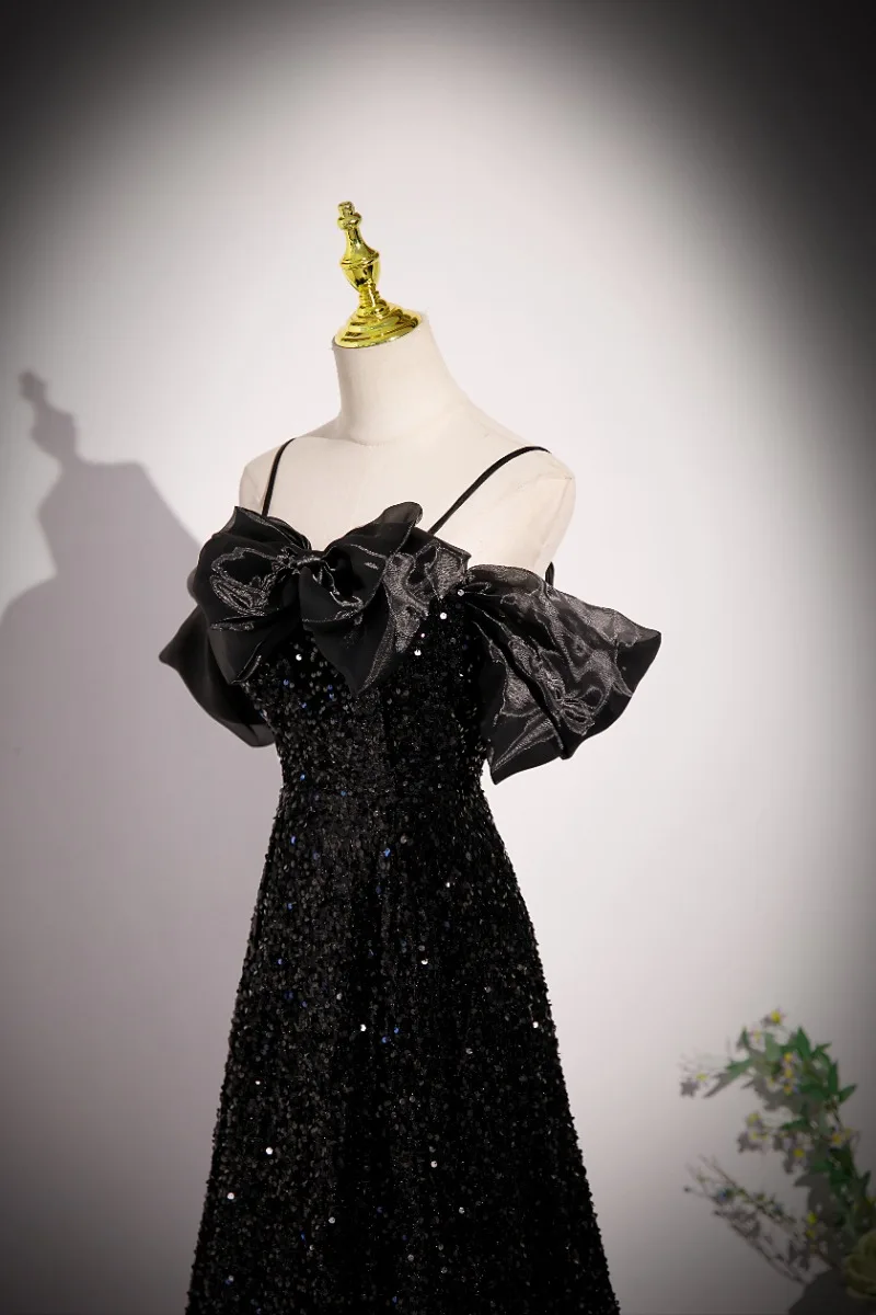 Sexy Black Star Sequins Prom Dresses 2023 A-Line Princess Spaghetti Straps Bow Puffy