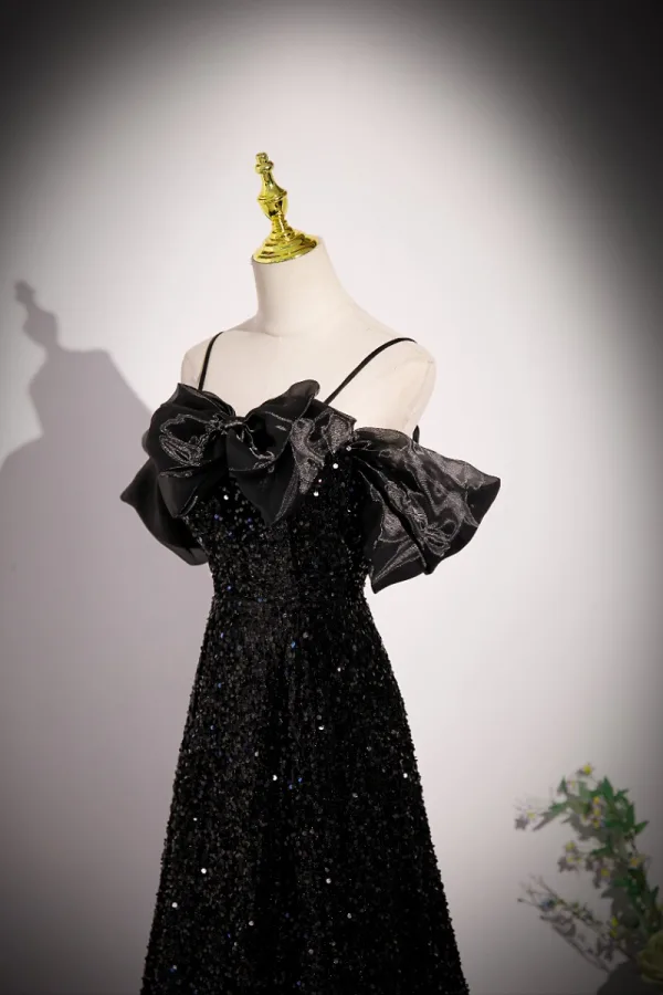 Sexy Schwarz Star Pailletten Ballkleider 2023 A Linie Spaghettiträger Schleife Geschwollenes Kurze Ärmel Rückenfreies Lange Festliche Kleider