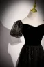 Bling Bling Noire Étoile Paillettes Robe De Bal 2023 Princesse Encolure Carrée Manches Courtes Dos Nu Longue Promo Robe De Ceremonie
