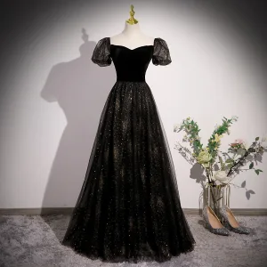 Bling Bling Noire Étoile Paillettes Robe De Bal 2023 Princesse Encolure Carrée Manches Courtes Dos Nu Longue Promo Robe De Ceremonie