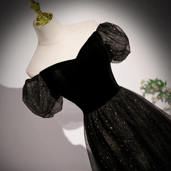 Bling Bling Noire Étoile Paillettes Robe De Bal 2023 Princesse Encolure Carrée Manches Courtes Dos Nu Longue Promo Robe De Ceremonie