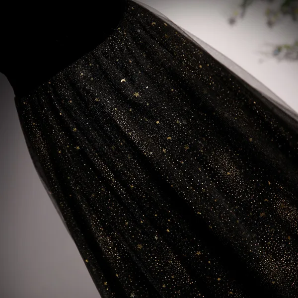 Bling Bling Noire Étoile Paillettes Robe De Bal 2023 Princesse Encolure Carrée Manches Courtes Dos Nu Longue Promo Robe De Ceremonie