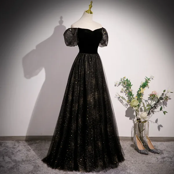 Bling Bling Noire Étoile Paillettes Robe De Bal 2023 Princesse Encolure Carrée Manches Courtes Dos Nu Longue Promo Robe De Ceremonie