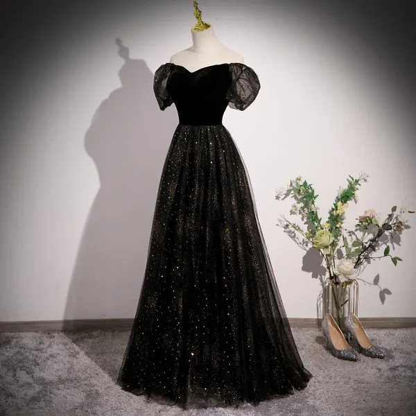Bling Bling Noire Étoile Paillettes Robe De Bal 2023 Princesse Encolure Carrée Manches Courtes Dos Nu Longue Promo Robe De Ceremonie