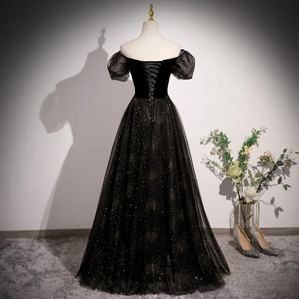Bling Bling Noire Étoile Paillettes Robe De Bal 2023 Princesse Encolure Carrée Manches Courtes Dos Nu Longue Promo Robe De Ceremonie