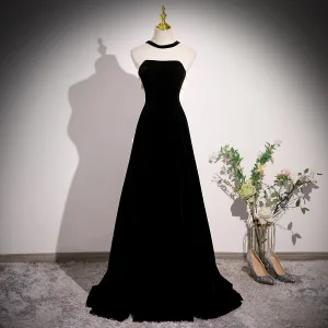 Moda Negro Terciopelo Vestidos De Gala 2023 A Line Princess Halter Sin Mangas Sin Espalda Bowknot Largos Vestidos Formales