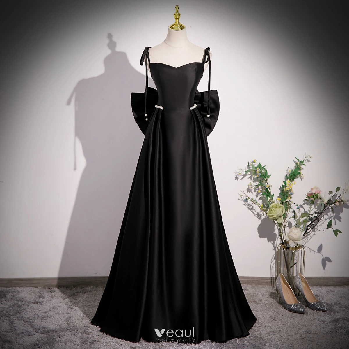 Modern / Fashion Black Gold Evening Dresses 2019 A-Line / Princess Spaghetti  Straps Sequins Sleeveless Backless Floor-Length / Long Formal Dresses