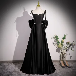Mode Noire Perle Satin Robe De Bal 2023 Princesse Bretelles Spaghetti Sans Manches Dos Nu Noeud Longue Robe De Ceremonie