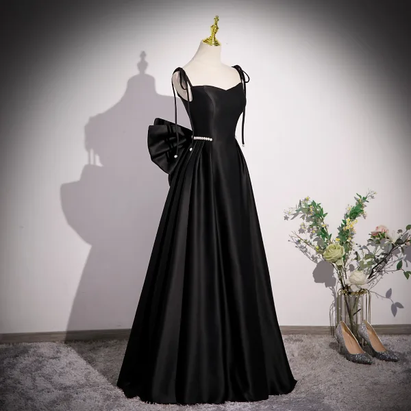 Fashion Black Pearl Satin Prom Dresses 2023 A-Line / Princess Spaghetti Straps Sleeveless Backless Bow Floor-Length / Long Formal Dresses