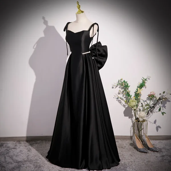 Fashion Black Pearl Satin Prom Dresses 2023 A-Line / Princess Spaghetti Straps Sleeveless Backless Bow Floor-Length / Long Formal Dresses