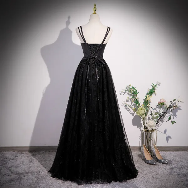 Chic / Belle Noire Paillettes Robe De Bal 2023 Princesse Bretelles Spaghetti Sans Manches Dos Nu Noeud Ceinture Longue Promo Robe De Ceremonie