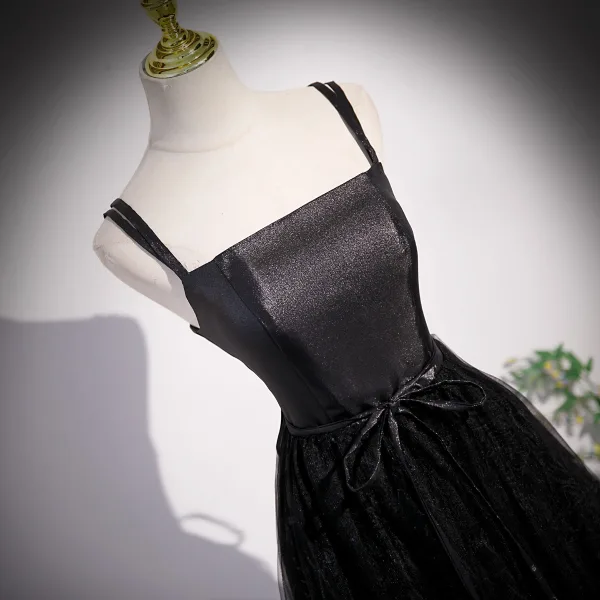 Chic / Belle Noire Paillettes Robe De Bal 2023 Princesse Bretelles Spaghetti Sans Manches Dos Nu Noeud Ceinture Longue Promo Robe De Ceremonie