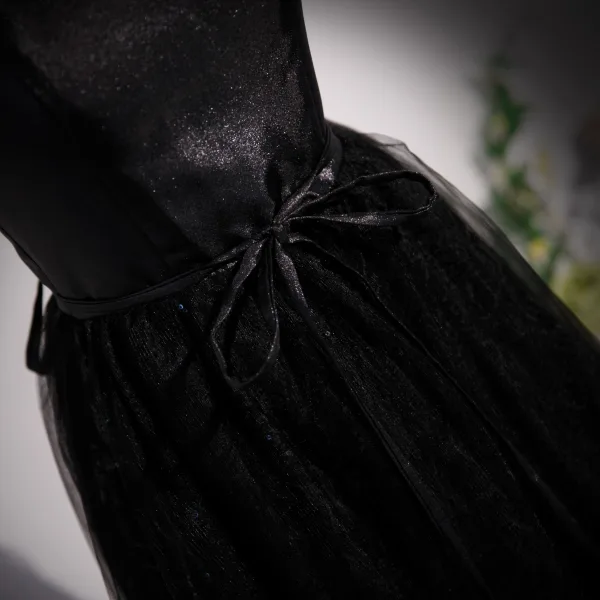 Chic / Belle Noire Paillettes Robe De Bal 2023 Princesse Bretelles Spaghetti Sans Manches Dos Nu Noeud Ceinture Longue Promo Robe De Ceremonie