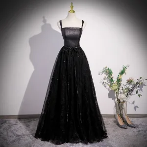 Chic Beautiful Black Sequins Prom Dresses 2023 A Line Princess Spaghetti Straps Sleeveless Backless Bow Sash Floor Length Long Prom Formal Dresses