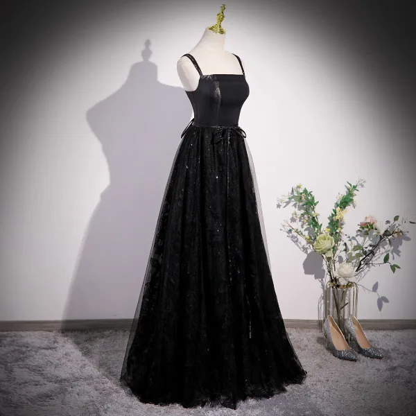 Chic / Belle Noire Paillettes Robe De Bal 2023 Princesse Bretelles Spaghetti Sans Manches Dos Nu Noeud Ceinture Longue Promo Robe De Ceremonie