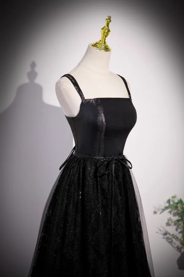 Chic / Belle Noire Paillettes Robe De Bal 2023 Princesse Bretelles Spaghetti Sans Manches Dos Nu Noeud Ceinture Longue Promo Robe De Ceremonie