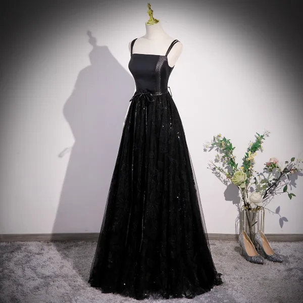 Chic / Belle Noire Paillettes Robe De Bal 2023 Princesse Bretelles Spaghetti Sans Manches Dos Nu Noeud Ceinture Longue Promo Robe De Ceremonie