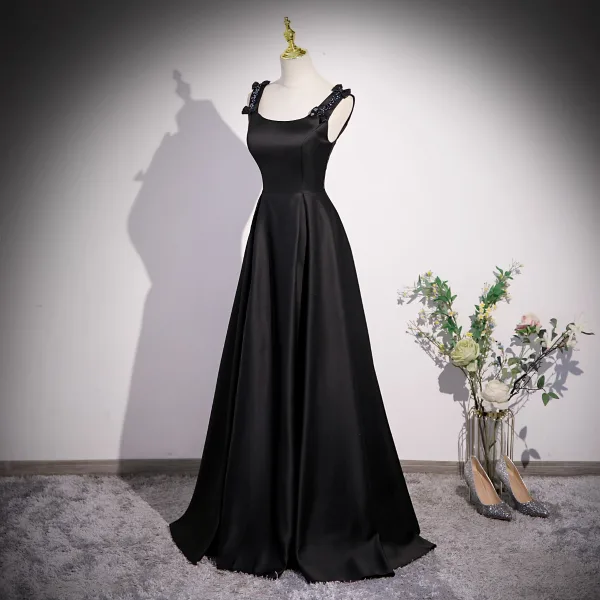 Elegant Black Beading Satin Prom Dresses 2023 A-Line / Princess U-Neck Bow Sleeveless Backless Floor-Length / Long Prom Formal Dresses