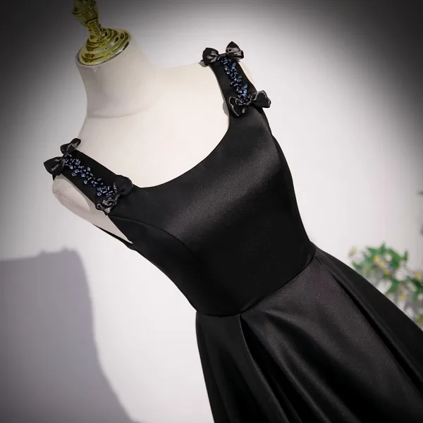 Elegant Black Beading Satin Prom Dresses 2023 A-Line / Princess U-Neck Bow Sleeveless Backless Floor-Length / Long Prom Formal Dresses