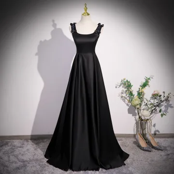 Élégant Noire Perlage Satin Robe De Bal 2023 Princesse U Cou Noeud Sans Manches Dos Nu Longue Promo Robe De Ceremonie