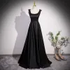 Elegant Black Beading Satin Prom Dresses 2023 A-Line / Princess U-Neck Bow Sleeveless Backless Floor-Length / Long Prom Formal Dresses