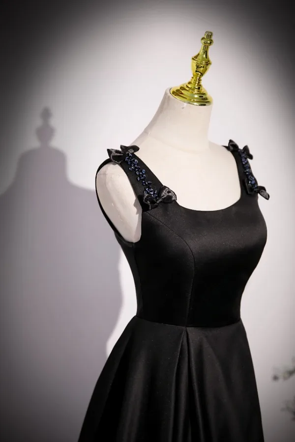 Elegant Black Beading Satin Prom Dresses 2023 A-Line / Princess U-Neck Bow Sleeveless Backless Floor-Length / Long Prom Formal Dresses