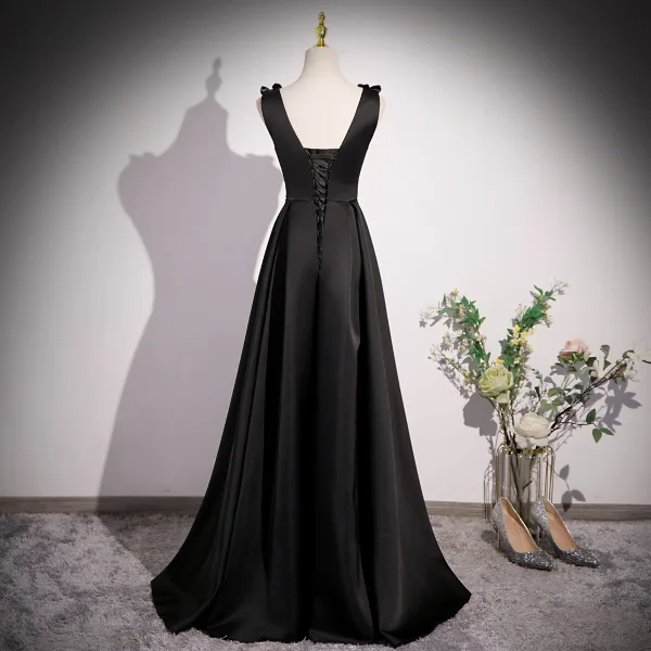 Elegant Black Beading Satin Prom Dresses 2023 A-Line / Princess U-Neck Bow Sleeveless Backless Floor-Length / Long Prom Formal Dresses