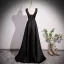 Elegant Black Beading Satin Prom Dresses 2023 A-Line / Princess U-Neck Bow Sleeveless Backless Floor-Length / Long Prom Formal Dresses