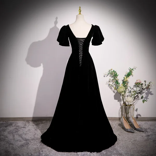 Chic / Beautiful Black Printing Velvet Prom Dresses 2023 A-Line / Princess Square Neckline Short Sleeve Backless Floor-Length / Long Formal Dresses