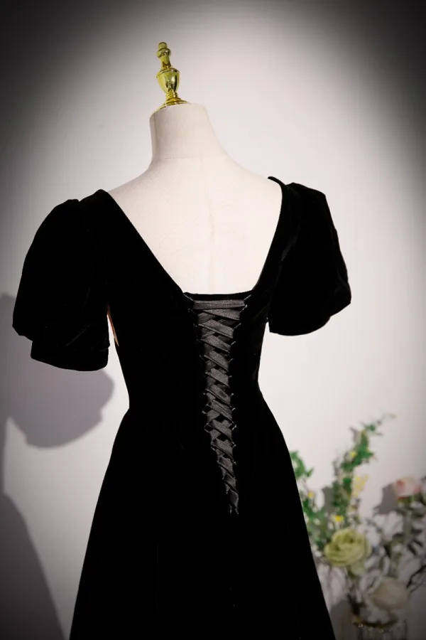 Chic / Beautiful Black Printing Velvet Prom Dresses 2023 A-Line / Princess Square Neckline Short Sleeve Backless Floor-Length / Long Formal Dresses
