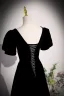 Chic / Beautiful Black Printing Velvet Prom Dresses 2023 A-Line / Princess Square Neckline Short Sleeve Backless Floor-Length / Long Formal Dresses