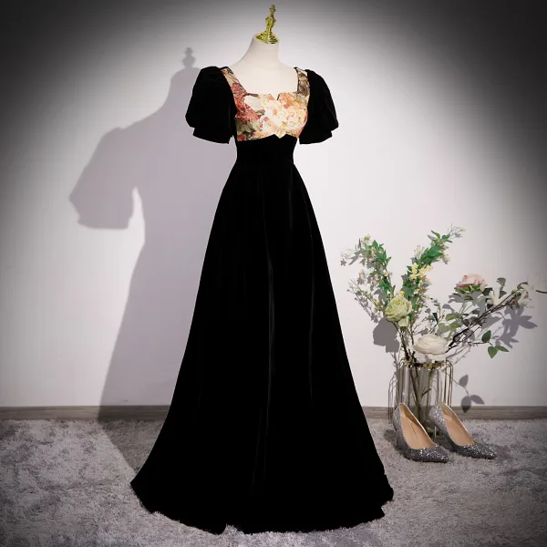Chic / Beautiful Black Printing Velvet Prom Dresses 2023 A-Line / Princess Square Neckline Short Sleeve Backless Floor-Length / Long Formal Dresses