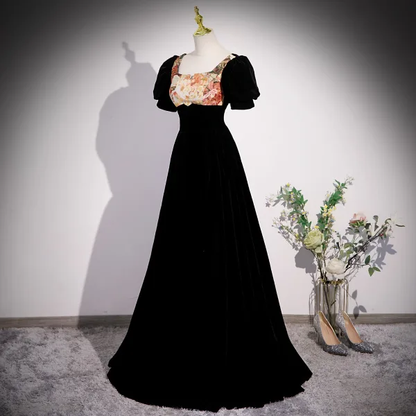Chic / Beautiful Black Printing Velvet Prom Dresses 2023 A-Line / Princess Square Neckline Short Sleeve Backless Floor-Length / Long Formal Dresses