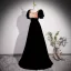 Chic / Beautiful Black Printing Velvet Prom Dresses 2023 A-Line / Princess Square Neckline Short Sleeve Backless Floor-Length / Long Formal Dresses