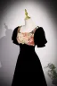 Chic / Beautiful Black Printing Velvet Prom Dresses 2023 A-Line / Princess Square Neckline Short Sleeve Backless Floor-Length / Long Formal Dresses