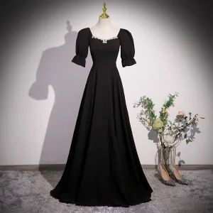 Vintage Originale Noire Perle Faux Diamant Robe De Bal 2023 Princesse Encolure Carrée Manches Courtes Dos Nu Longue Robe De Ceremonie