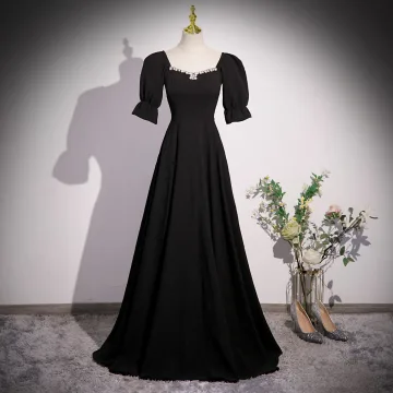 Vintage Originale Noire Perle Faux Diamant Robe De Bal 2023 Princesse Encolure Carrée Manches Courtes Dos Nu Longue Robe De Ceremonie