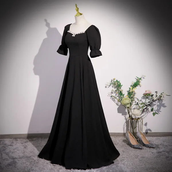Vintage / Retro Black Pearl Rhinestone Prom Dresses 2023 A-Line / Princess Square Neckline Short Sleeve Backless Floor-Length / Long Formal Dresses