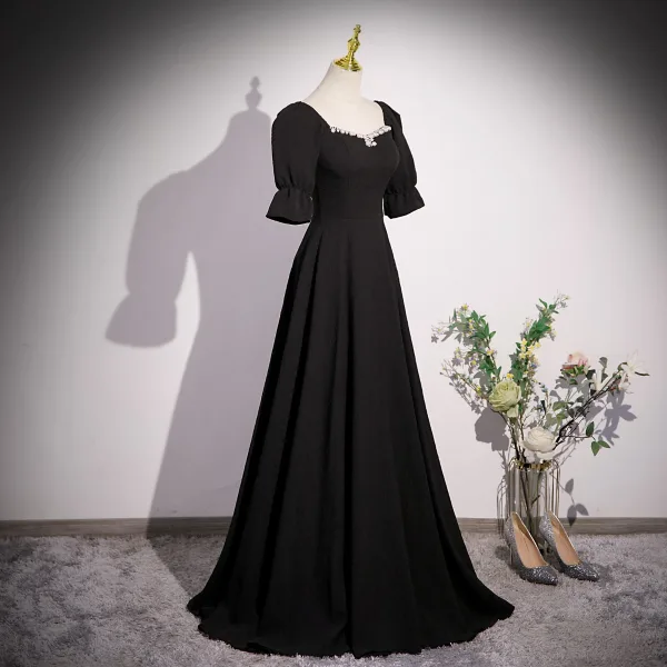 Vintage / Retro Black Pearl Rhinestone Prom Dresses 2023 A-Line / Princess Square Neckline Short Sleeve Backless Floor-Length / Long Formal Dresses