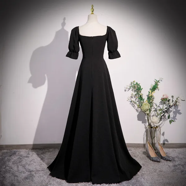 Vintage / Retro Black Pearl Rhinestone Prom Dresses 2023 A-Line / Princess Square Neckline Short Sleeve Backless Floor-Length / Long Formal Dresses