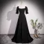 Vintage / Retro Black Pearl Rhinestone Prom Dresses 2023 A-Line / Princess Square Neckline Short Sleeve Backless Floor-Length / Long Formal Dresses