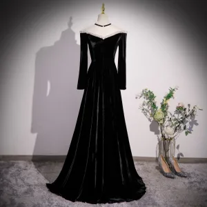 Élégant Noire Velours Robe De Bal 2023 Princesse Col Haut Manches Longues Longue Robe De Ceremonie