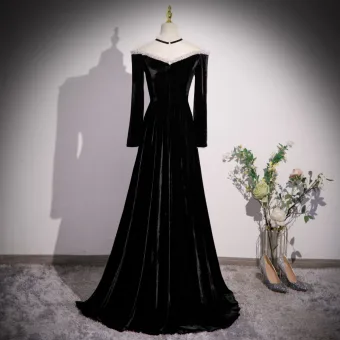 Élégant Noire Velours Robe De Bal 2023 Princesse Col Haut Manches Longues Longue Robe De Ceremonie