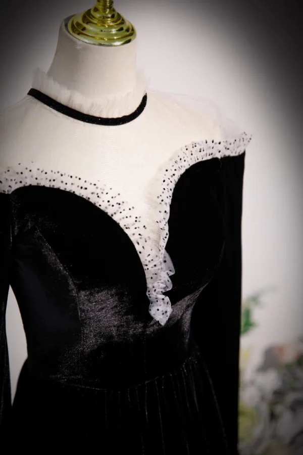 Elegant Black Velvet Prom Dresses 2023 A-Line / Princess High Neck Long Sleeve Floor-Length / Long Formal Dresses