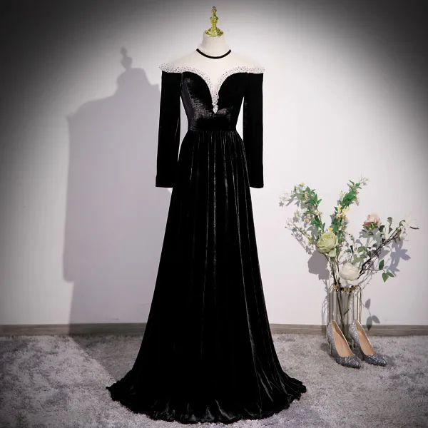 Elegant Black Velvet Prom Dresses 2023 A-Line / Princess High Neck Long Sleeve Floor-Length / Long Formal Dresses
