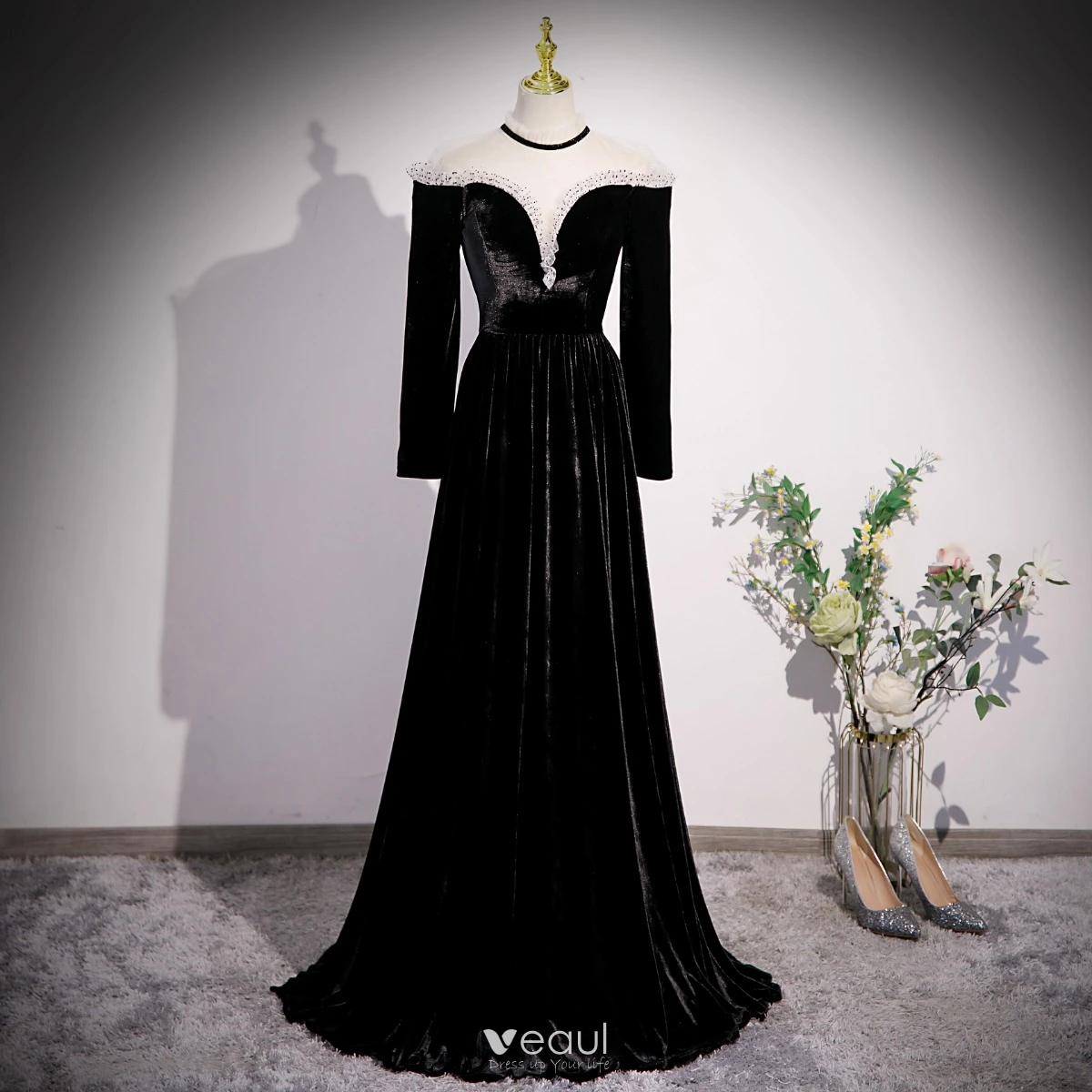 black velvet evening dress Black Wide V Neck Long Sleeve Velvet Midi Dress – shopaleena main image 0