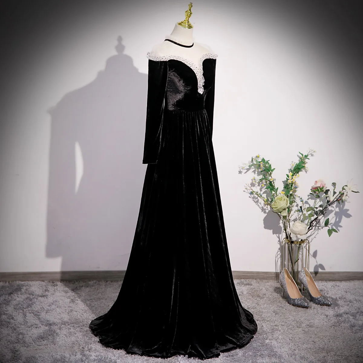 slim fit dress slacks Black Velvet Long Sleeve Formal Dress, A-Line Floor Length Evening Dress US 6 / Black main image 0