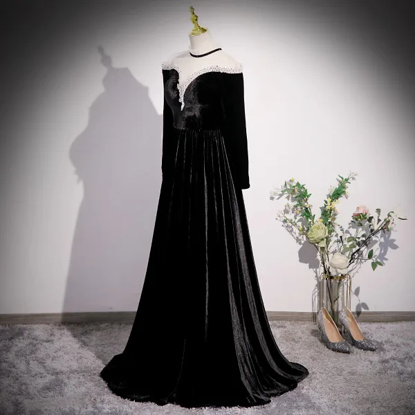 Elegant Black Velvet Prom Dresses 2023 A-Line / Princess High Neck Long Sleeve Floor-Length / Long Formal Dresses