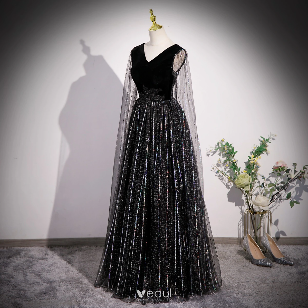 Bling Bling Black Beading Pearl Rhinestone Sequins Lace Flower Prom Dresses 2023 A-Line / Princess V-Neck Sleeveless Backless Floor-Length / Long Bling Bling Black Beading Pearl Rhinestone Sequins Lace Flower Prom Dresses 2023 A-Line / Princess V-Neck Sleeveless Backless Floor-Length / Long