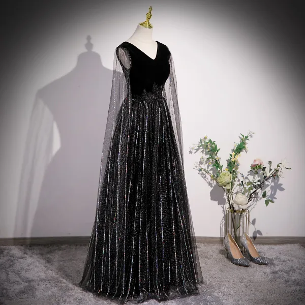 Bling Bling Black Beading Pearl Rhinestone Sequins Lace Flower Prom Dresses 2023 A-Line / Princess V-Neck Sleeveless Backless Floor-Length / Long